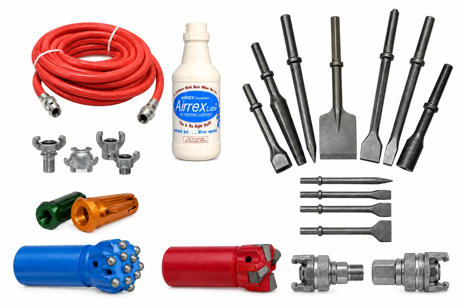 Pneumatic tool accessories including Airrex Lube, air hose, chisels, fittings, and drill bits