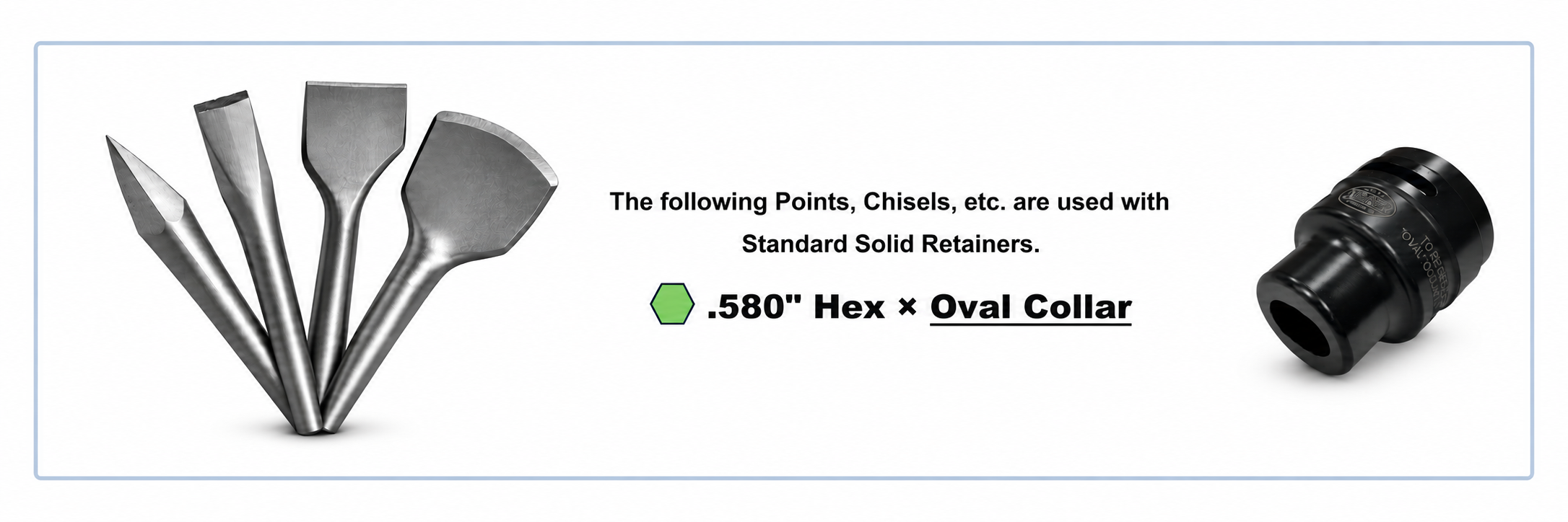 Moil point, narrow chisel, 3-inch wide blade chisel, and wide clay spade fanned together